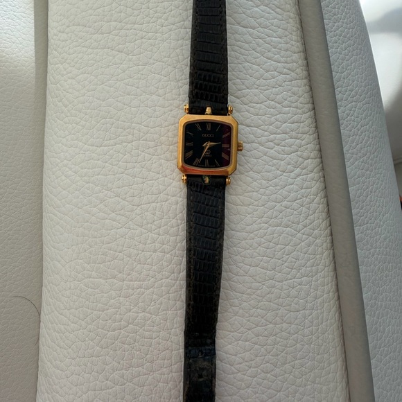 Gucci Gold Tone Square Black Dial Leather Strap Watch - Picture 2 of 6